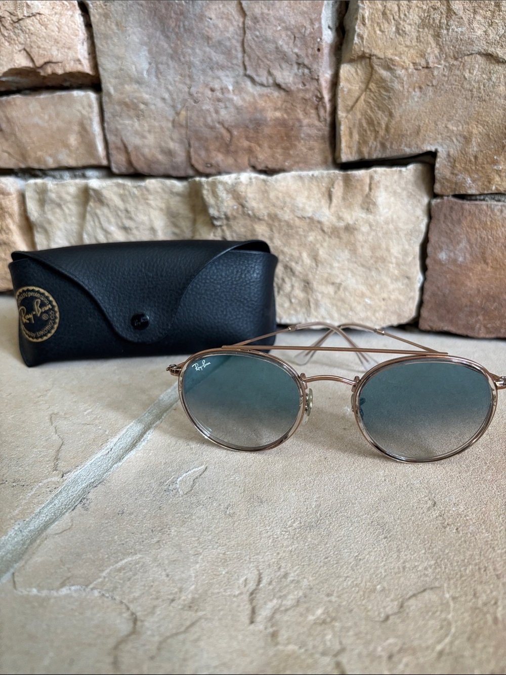 Ray-Ban Gold Frame Sunglasses with Blue Gradient Lenses - Picture 1 of 7